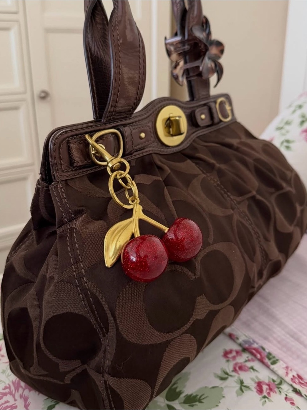 Coach Brown Signature Canvas Shoulder Bag with Cherry Charm - Picture 3 of 3